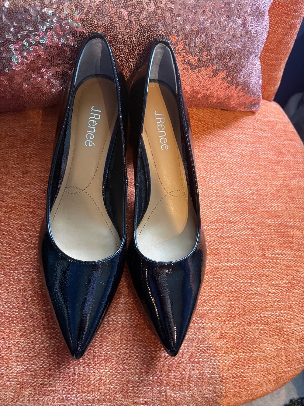J.Renee Black Patent Pointed Toe Mid Block Heel Pumps